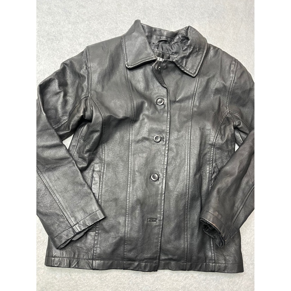 Gianni Ferrara Black Leather Jacket‎ Womens Large Button Front Blazer Coat L
